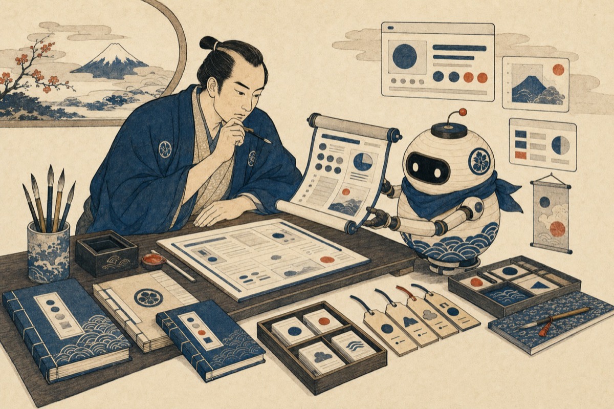 文机で資料を確認する人に、小さなロボットが下書きの巻物を差し出す和風イラスト