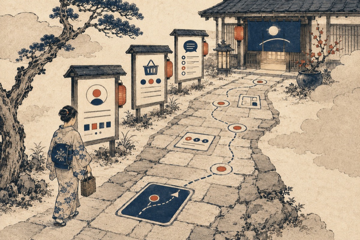 案内の高札が並ぶ道が店の入口へ導く和風イラスト