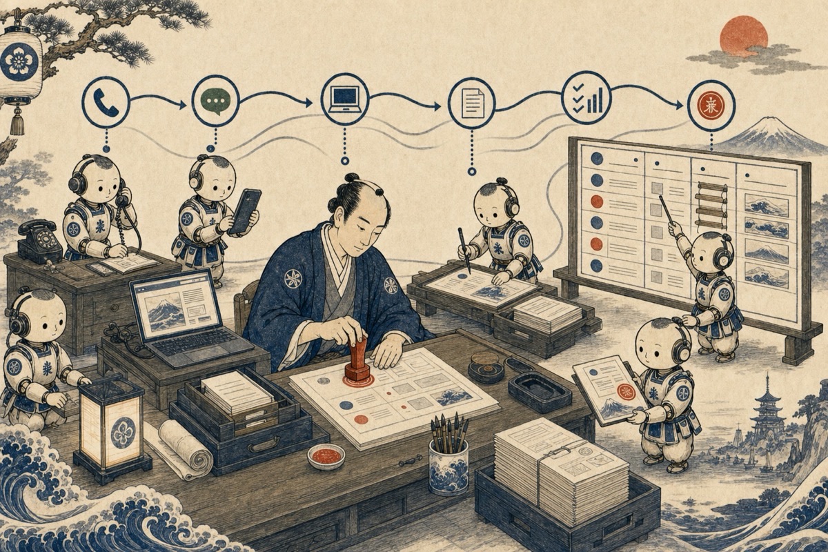 電話、LINE、Web、資料整理をからくり人形が分担し、中央の担当者が最終確認する業務実装の和風イラスト