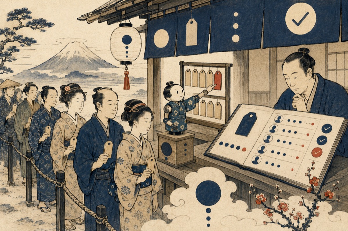 番号札を持って並ぶ人々と、札をめくって呼び出すからくり人形、帳面で全体を見渡す店主の和風イラスト
